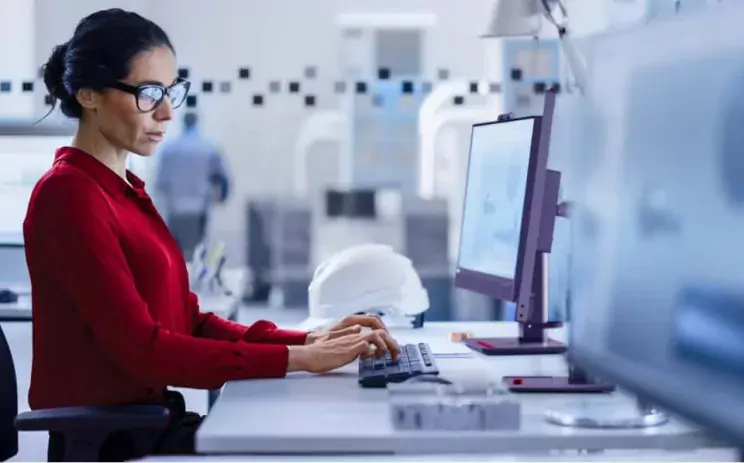 A woman in glasses works at a computer